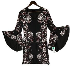 MSK Black and White Floral Bell Sleeve Midi Dress